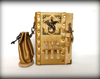 Handgefertigtes Lederbuch: Drache, Alchemie Kit & Fläschchenaufbewahrung