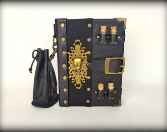 Handmade Leather Spellbook Journal with Potion Holders - Witchy A6 Notebook