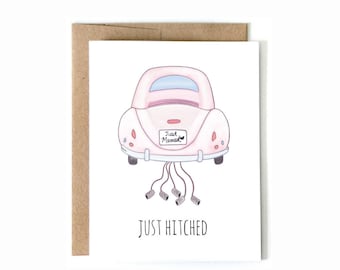 Just Hitched  // Wedding Greeting Card, Wedding Stationery, Card for Bride and Groom, Bridal Shower Card