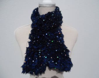 Knit blue wool scarf Navy sequins baby girl