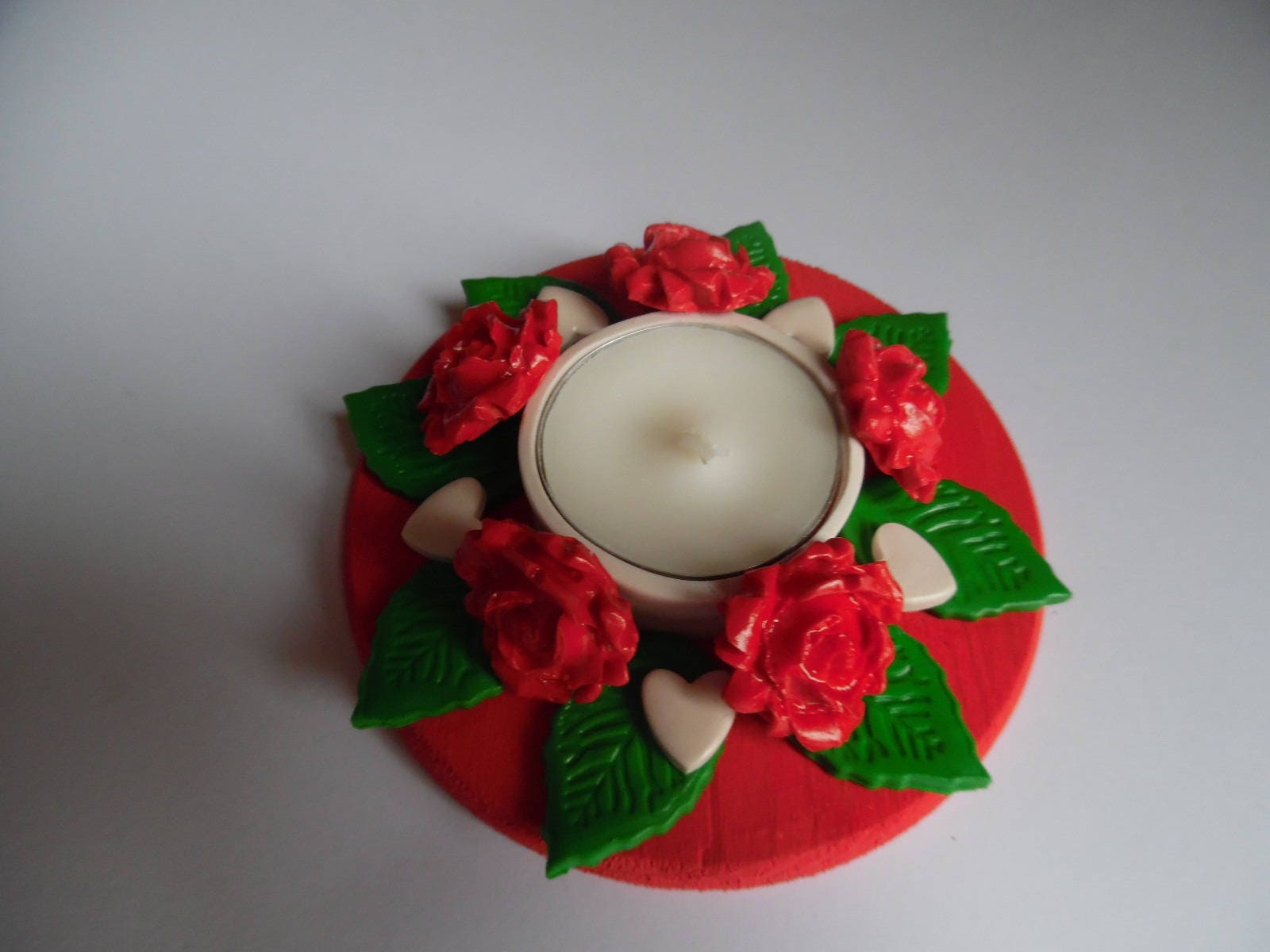 Bougeoir Bois Fleurs en Fimo Roses Rouges et Coeurs