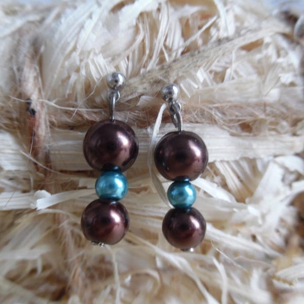 Boucles d'oreilles puces chocolat turquoise