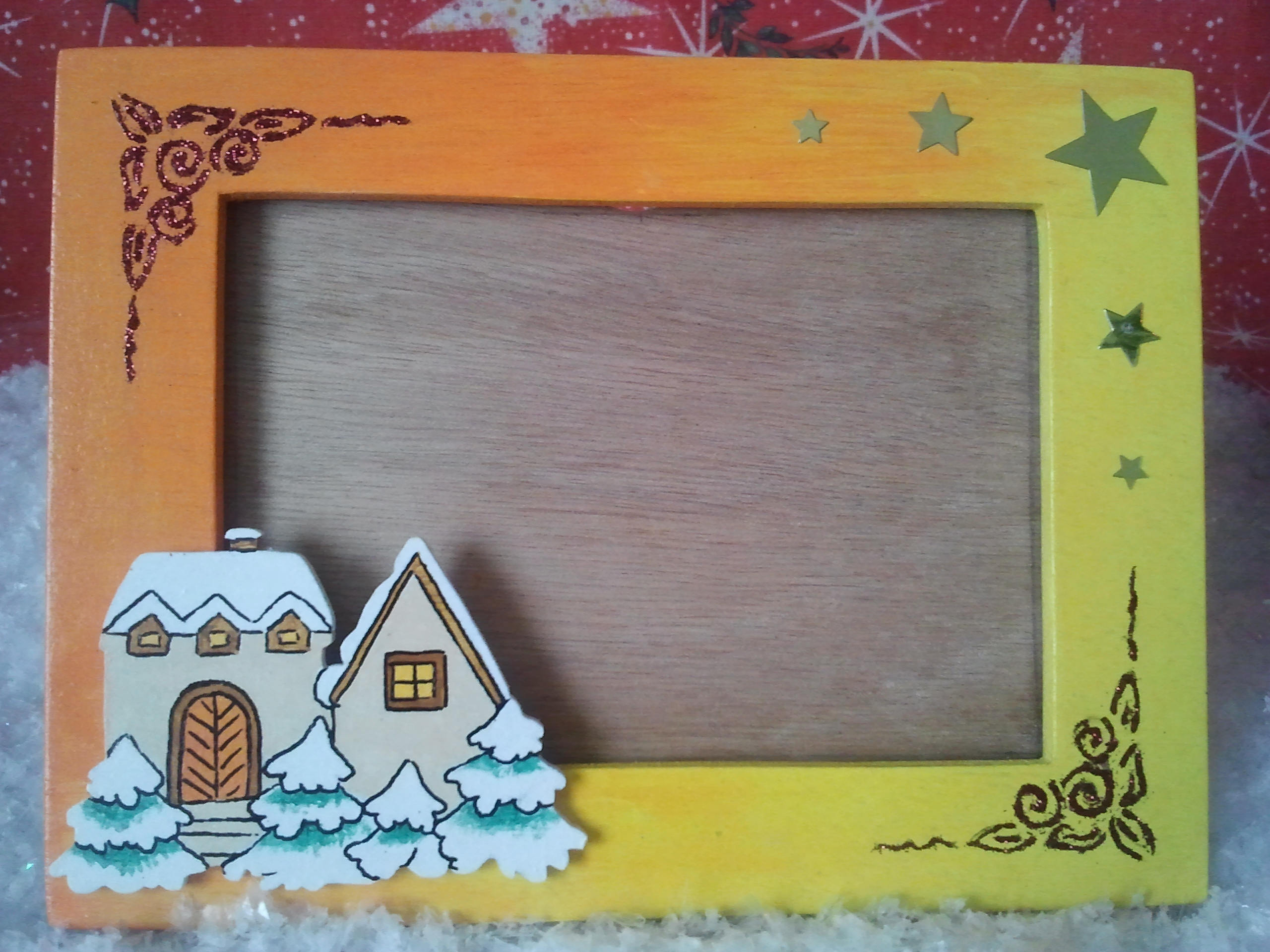 Cadre de Noël Jaune Orangé 3D en Bois, Paysage Enneigé.