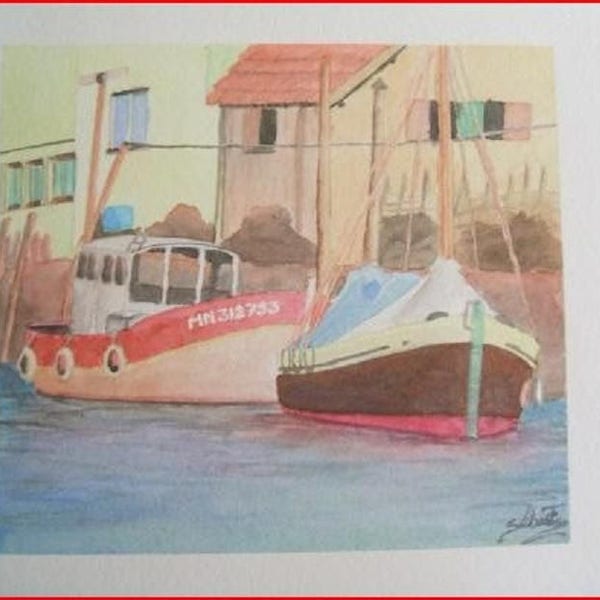 'Marennes et ces bateaux', aquarelle sur papier monteval 300
