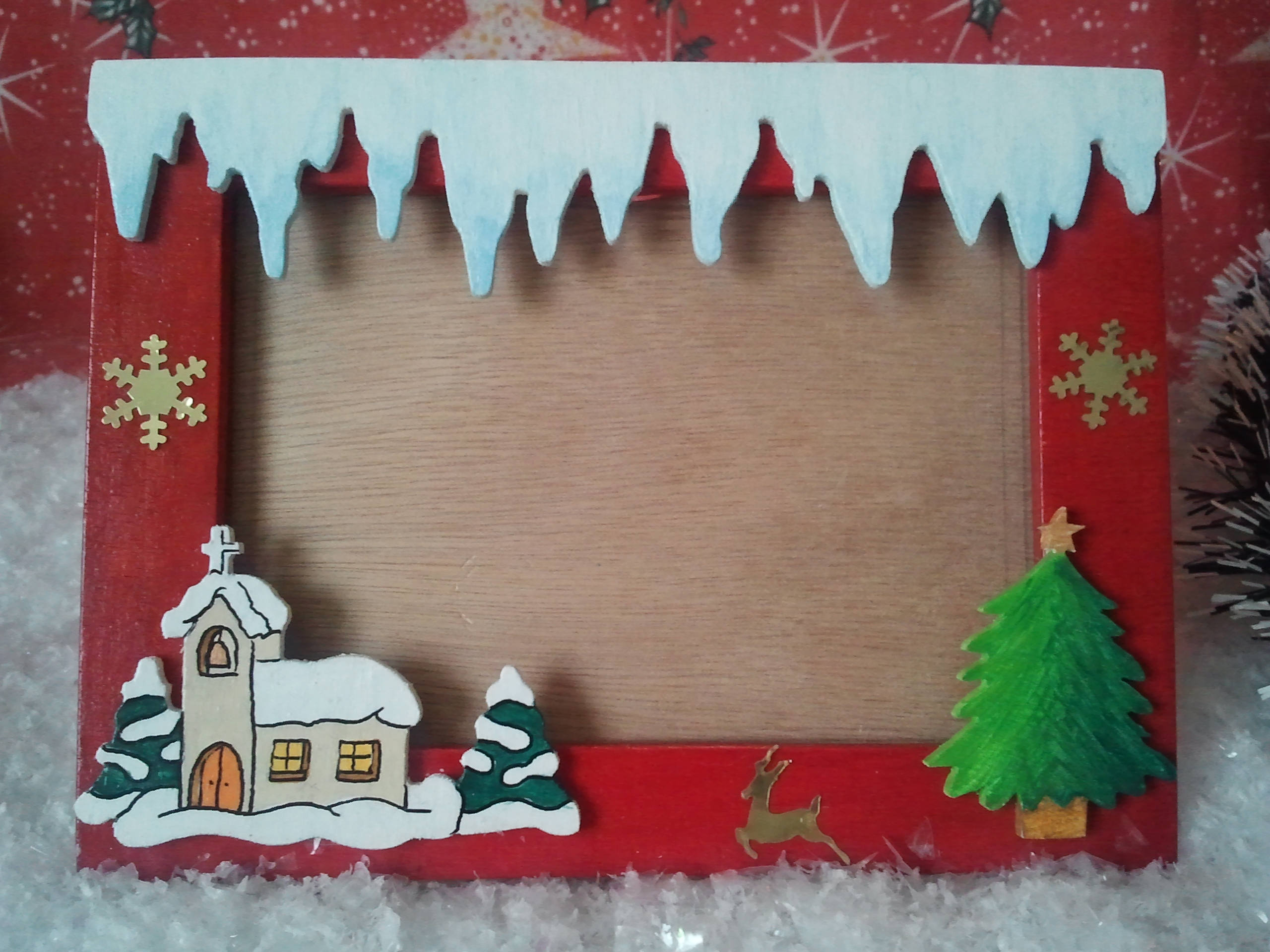 Cadre de Noël Rouge 3D en Bois, Paysage Enneigé.