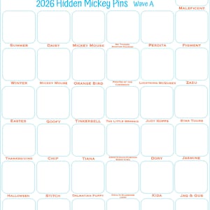 Könnte beinhalten: Eine weiße Tabelle mit blauem Text, der "Walt Disney World 2026 Hidden Mickey Pins Wave A" lautet. Die Tabelle hat leere Kästchen mit Namen von Charakteren wie "Mickey Mouse" und "Maleficent" darunter. Ein Disney-Thema.