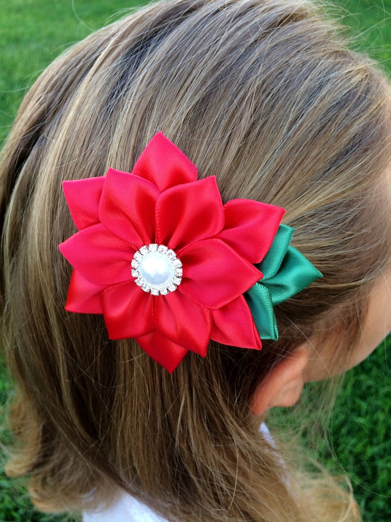 Poinsettia Hair Clip Kanzashi Poinsettia Flower Red Flower Etsy