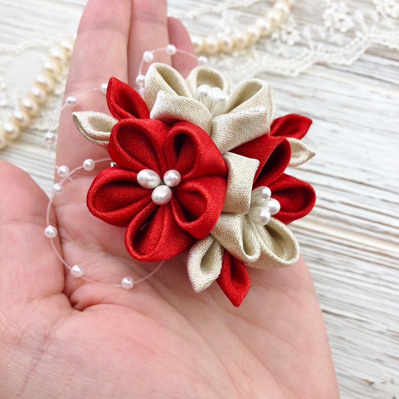Red Gold Flowers Hair Pins. Kanzashi Flowers Hair Clip. Flower Etsy