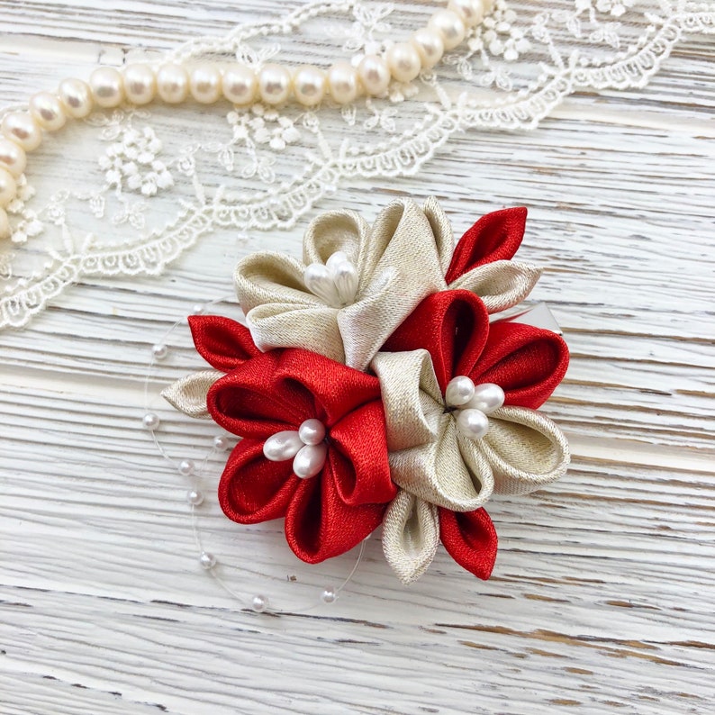 Red Gold Flowers Hair Pins. Kanzashi Flowers Hair Clip. Flower Etsy