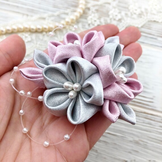 Pink Silver Flowers Hair Pin Kanzashi Flowers Punk Gray Etsy