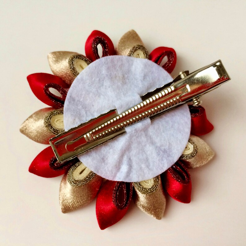 Kanzashi Flower hair pin. Ivory Gold Red/Navy/Coral satin Etsy