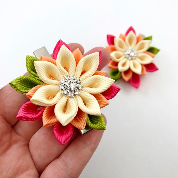 Peach Flower Hair Clip Kanzashi Flower Hair Clip For Girl Etsy