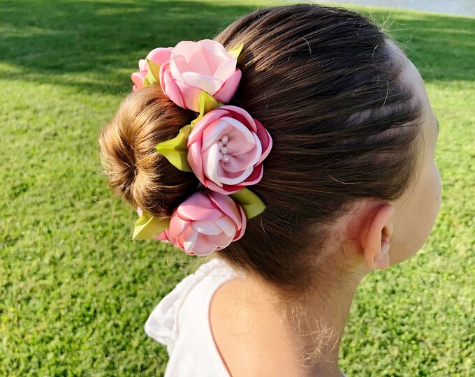 Satin Flowers Hair Bun Wrap Blush Pink Flowers Bridal Hair Etsy