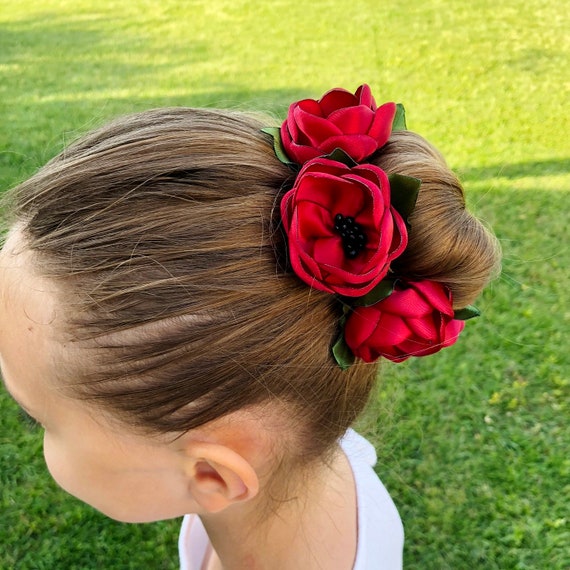 Satin Flowers Hair Bun Wrap Burgundy Flowers Red Hair Bun Etsy