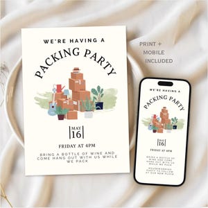 Boho Packing Party Invitation Template: Watercolor Boxes, Plants Invite (5x7) Printable Digital Download, Canva