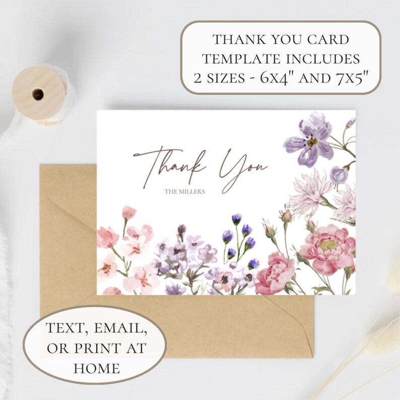 Boho Floral Thank You Card Template, Wildflower Home Stationary ...