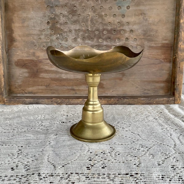 Vintage Brass Pedestal Dish Scallop Edge