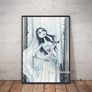 Corpse Bride Watercolour Emily Fine Art Quality Print Home Decor Gift Tim Burton Halloween Wedding Dress
