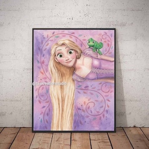 Disney Watercolour Tangled Princess Rapunzel and Pascal Fine Art Print Punzie Hair Gold Tower When Will My Life Begin