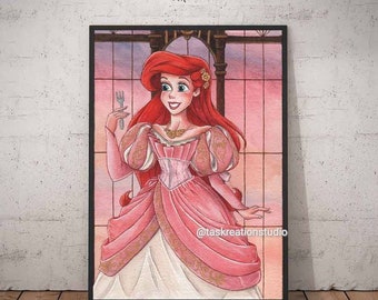 Disney Princess Ariel The Little Mermaid Watercolour Fine Art Quality Print Pink Dress Fork Dinglehopper Dining Hall D23 LE Doll