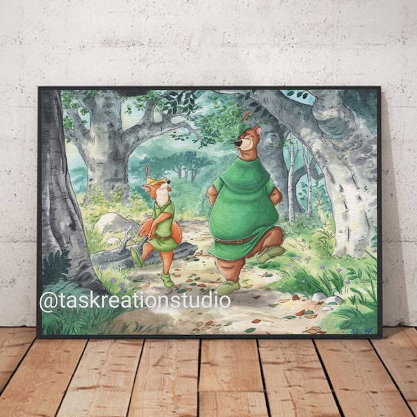 Disney Watercolour Robin Hood and Little John Fine Art Quality Print Home Decor Fox Robin Hood Sherwood Forest