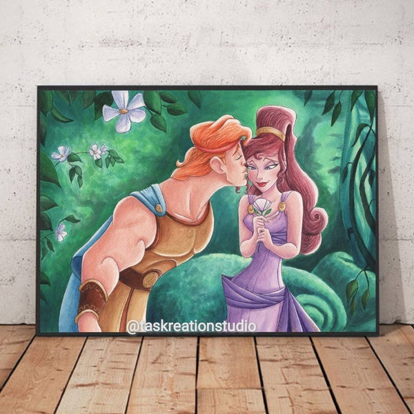 Disney Hercules and Megara Kiss Watercolour Fine Art Print Home Decor Greek Mythology I Won't Say I'm In Love Demigod Zero to Hero