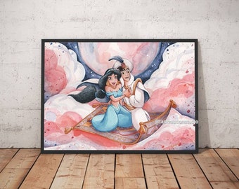 Disney Aladdin and Jasmine Watercolour Princess Magic Carpet Fine Art Quality Print Home Decor Gift A Whole New World