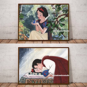 Watercolour Disney Snow White Fine Art Print Prince Charming Woods Wall Art Home Decor Gift Kiss Snow White and the Seven Dwarfs