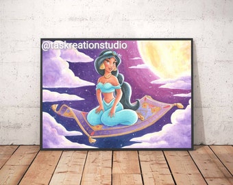 Disney Aladdin Jasmine Watercolour Fine Art Quality Print Gift Princess Jasmine Magic Carpet Agrabah Gold Blue A Whole New World