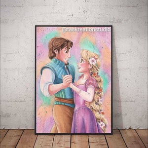 Disney Princess Watercolour Tangled Rapunzel and Flynn Eugene Fine Art Quality Print Hair At Last I See The Light Flowers Dancing