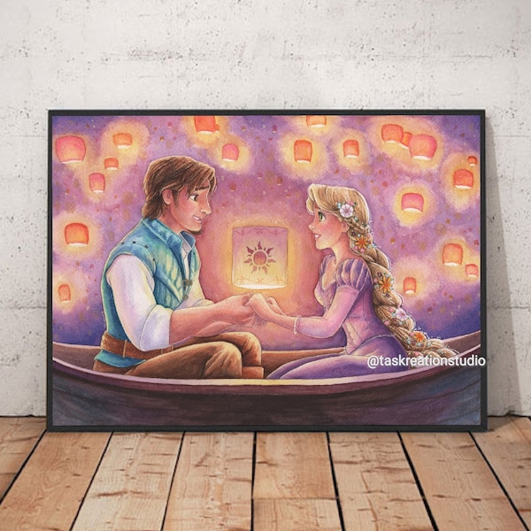 Disney Princess Rapunzel and Eugene Watercolour Fine Art Quality Print Home Decor Gift Tangled Lantern Boat Hair Flowers Glow Gold