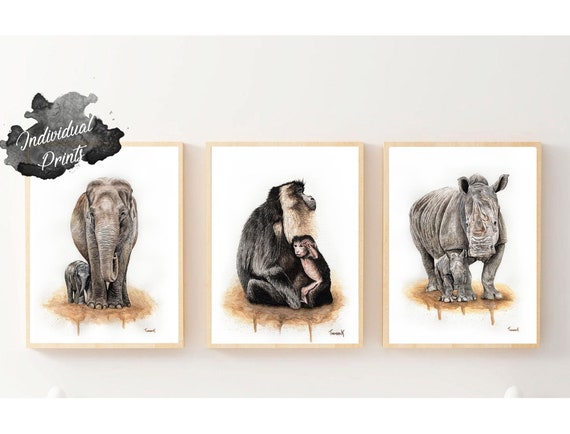 Original Watercolour Asian Elephants Indian Rhino Lion Tailed Original Watercolour Asian Elephants