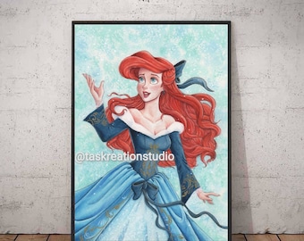 Disney Princess Watercolour The Little Mermaid Ariel Holiday 2020 Doll Fine Art Quality Print Tour of the Kingdom Winter Snow Blue