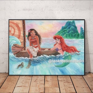 Disney Prinzessin Aquarell Die kleine Meerjungfrau Ariel Moana Fine Art Print Motu Nui Meerjungfrau Meerjungfrau Boot spritzen