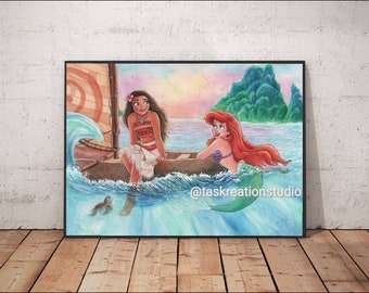 Disney Princess Watercolour The Little Mermaid Ariel Moana Fine Art Quality Print Motu Nui Ocean Sea Turtle Mermaid Boat Squirt