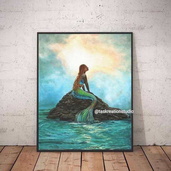 Disney Ariel Halle Bailey The Little Mermaid Live Action Watercolour Part of Your World Fine Art Quality Print Rock Ocean Sea