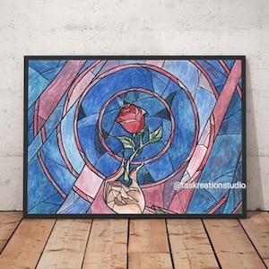 Disney Watercolour Beauty and the Beast Enchanted Rose Fine Art Quality Print Home Decor Gift Belle Stained Glass Rose