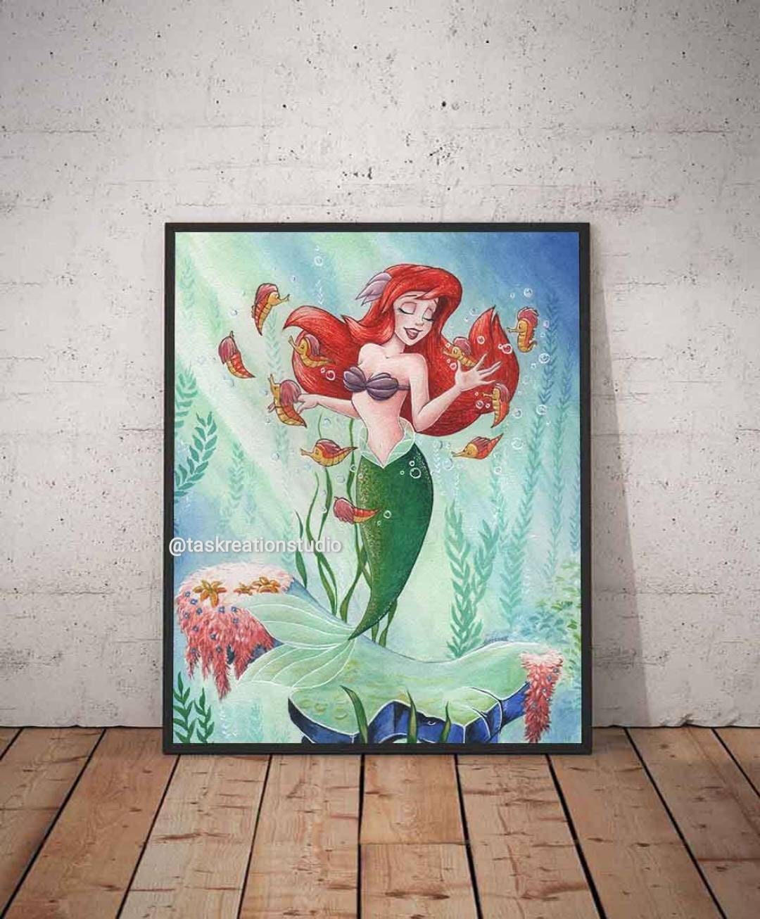 Disney the Little Mermaid Ariel and Seahorses Watercolour Fine Art ...