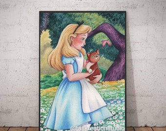 Disney Watercolour Alice In Wonderland Fine Art Quality Print Alice And Dinah Home Decor Hair Daisy Butterfly