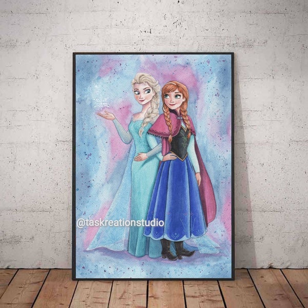 Disney Princess Watercolour Frozen Elsa Anna Fine Art Quality Print Home Decor Snow Let It Go Queen Elsa Anna Snow Blue Ice