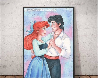 Disney Princess Watercolour The Little Mermaid Ariel and Eric Dancing Fine Art Quality Print Home Tour of the Kingdom Prince Eric