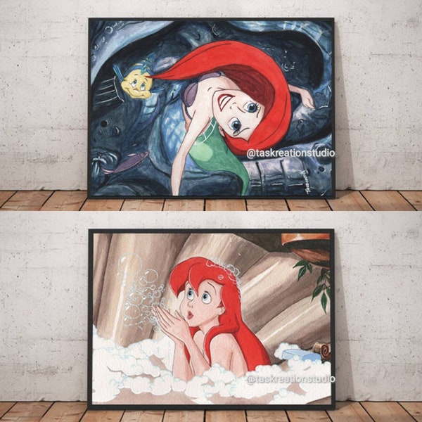 Disney La Sirenita acuarela princesa Ariel Bellas Artes calidad impresión regalo bajo el mar escena completa platija baño burbujas