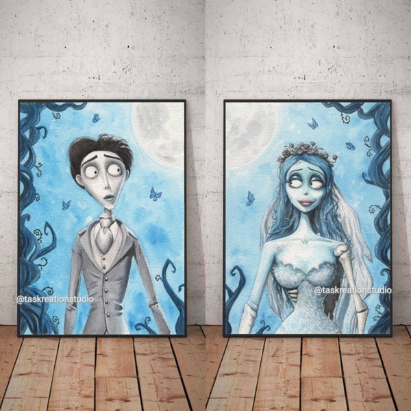 Corpse Bride Emily and Victor Watercolour Fine Art Quality Print Home Decor Gift Tim Burton Halloween Butterfly Wedding Dress