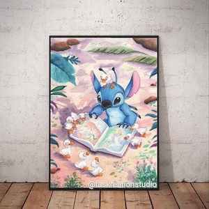 Disney Stitch Ducklings Watercolour Lilo And Stitch Home Decor Fine Art Quality Print Storybook Ugly Duckling Beach Experiment 626