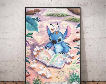 Disney Stitch Ducklings Watercolour Lilo And Stitch Home Decor Fine Art Quality Print Storybook Ugly Duckling Beach Experiment 626