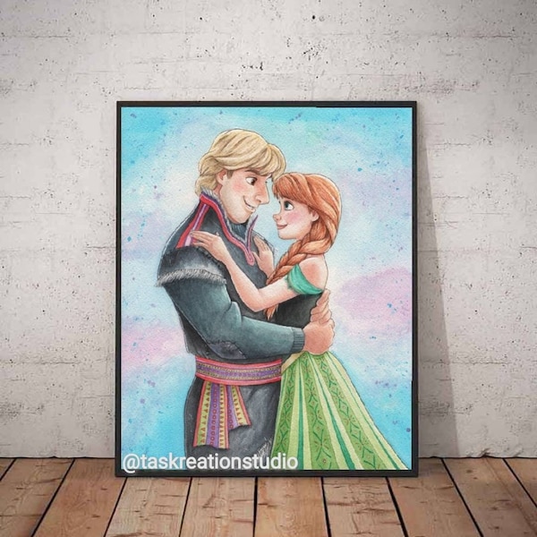 Disney Frozen Watercolour Anna and Kristoff Fine Art Print Home Decor Gift Green Coronation Dress Love Is An Open Door Ice