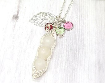 Birthstone Pea Pod Necklace, Peas in a Pod Necklace, Mothers Necklace, Personalized Family Necklace, Baby Shower Gift, Grandma Jewelry, Gift