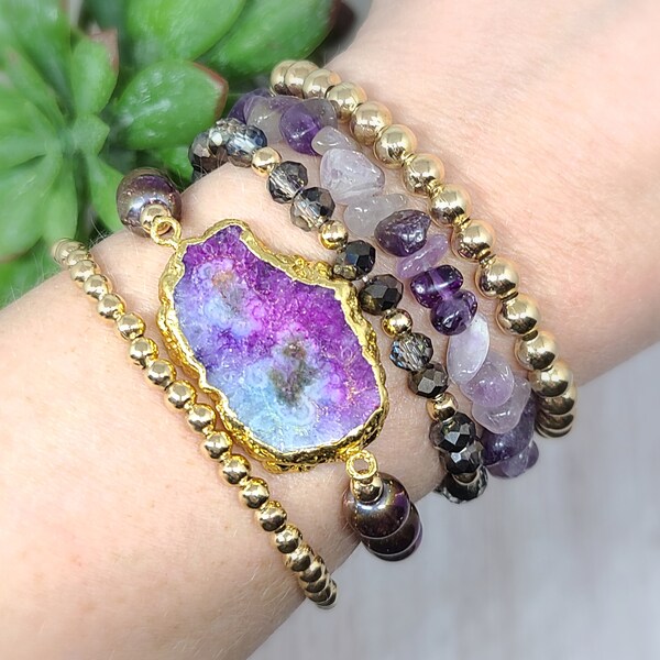 8mm Titanium Crystal Agate Druzy Quartz Stretch Bracelet - 7.5 Inch Multi-Color Beads