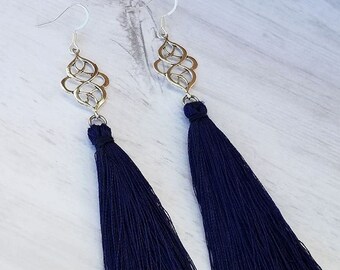 Filigree Tassel Earrings, Dark Blue Tassel Earrings, Celtic Knot Earrings, Silver Dangle Earrings, Statement Earrings, Unique Jewelry, Gift