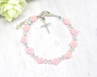 Baby Bracelet, Baptism Gift, Baby Shower Gift, Pink Flower Bracelet, Cross Bracelet, Flower Girl Bracelet, Little Girl Gift, Gift for Girls